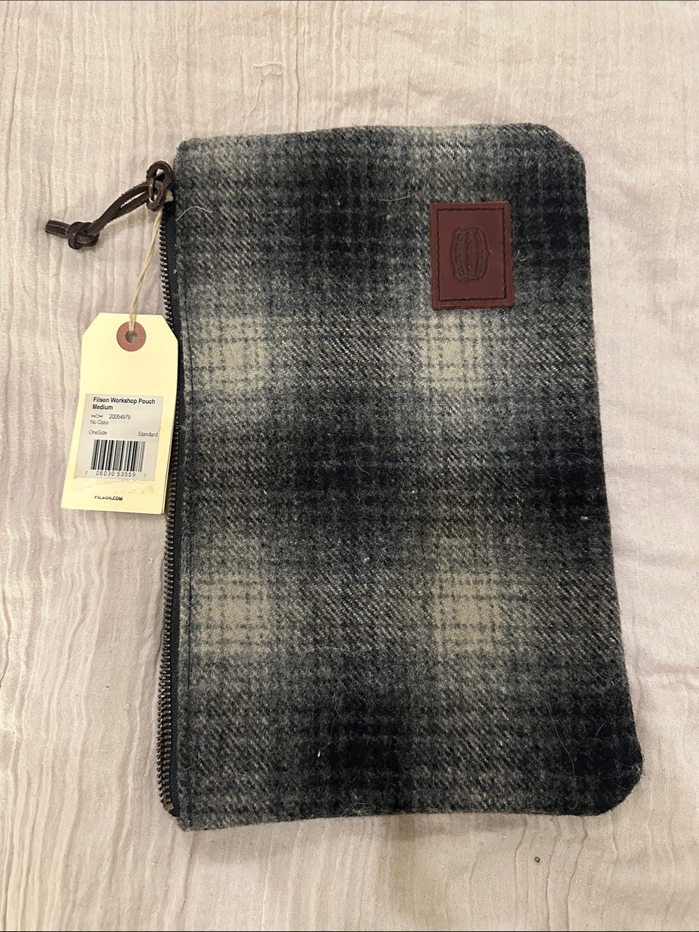 Filson Gray Plaid Wool Toiletry Pouch with Leather Patch